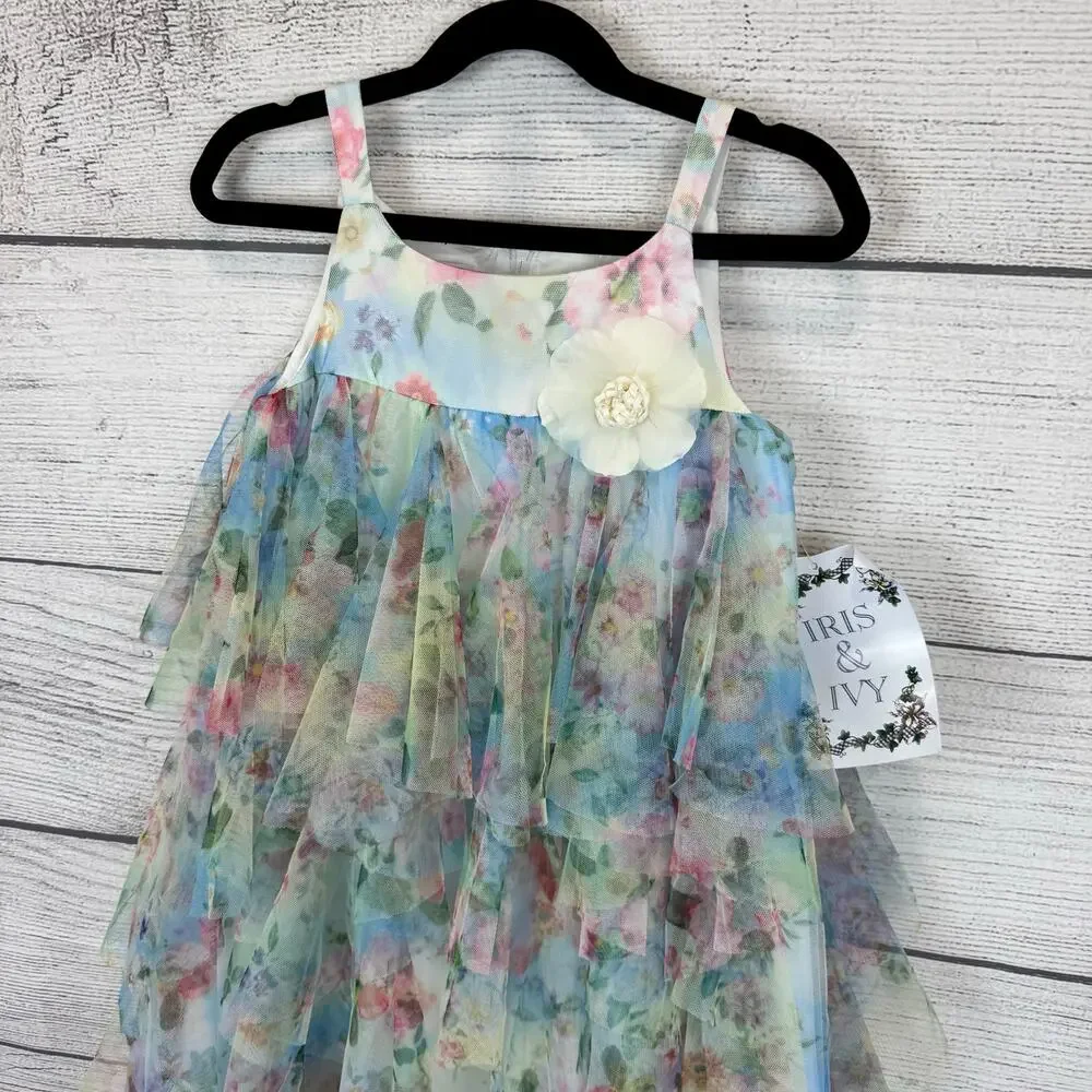 Iris & Ivy Girls Spring Easter Colorful Cascade Floral Tiered Party Dress Size 6